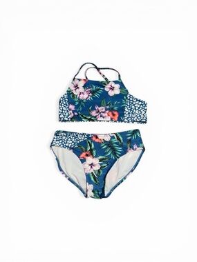 Girls' Blue Tropical Floral Two-Piece Swim Set